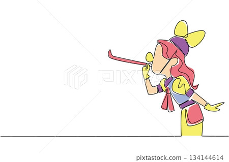 Girl wearing festive clothes and blowing a party blower in single line drawing style, capturing the cheerful spirit of celebration. Artwork represents a holiday concept with the theme of National Kids Girl wearing festive clothes and blowing a party blower in single line drawing style, capturing the cheerful spirit of celebration. Artwork represents a holiday concept with the theme of National Kids 134144614