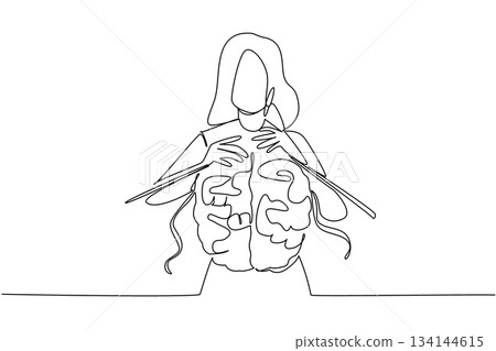 Unique continuous line drawing of a woman working with oversized yarn in a knitting project, representing passion, skill, and creativity for Worldwide Knit in Public Day celebration. 134144615