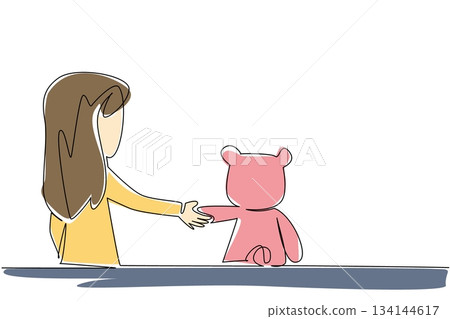 Single line drawing illustration of a girl holding a pink teddy bear hand, brought to life with soft colors, symbolizing love, play, and imagination for World Doll Day childhood concept. Single line drawing illustration of a girl holding a pink teddy bear hand, brought to life with soft colors, symbolizing love, play, and imagination for World Doll Day childhood concept. 134144617