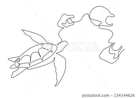 Continuous line drawing of a sea turtle swimming near a drifting plastic bag, representing marine pollution awareness for World Oceans Day with a strong environmental nature concept. 134144626
