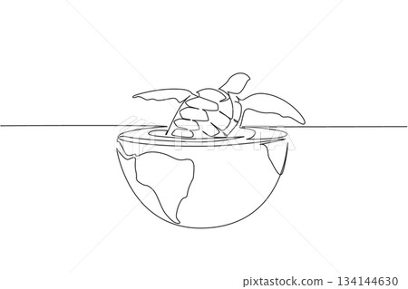 Single line drawing depicts a turtle rising from an Earth shaped bowl of water, symbolizing marine conservation. A strong nature concept illustration for World Oceans Day environmental awareness. 134144630