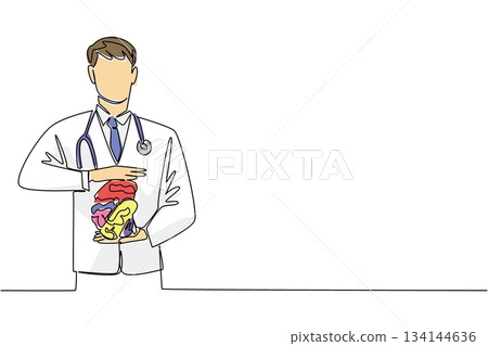 Continuous line drawing of a male doctor holding colorful human organs represents the science and health concept, designed to commemorate World Brain Tumor Day as an international awareness event. Continuous line drawing of a male doctor holding colorful human organs represents the science and health concept, designed to commemorate World Brain Tumor Day as an international awareness event. 134144636