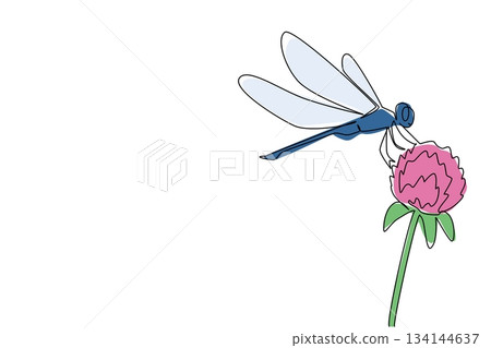 Continuous line drawing portraying a dragonfly perched delicately on a daisy flower in side view, capturing elegance of wildlife. This nature concept illustration is themed for National Dragonfly Day. 134144637