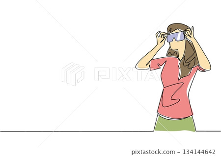 One line drawing of a woman wearing trendy sunglasses, symbolizing health awareness, personal style, and the vibrant spirit of National Eyewear Day, celebrating eye protection and modern fashion One line drawing of a woman wearing trendy sunglasses, symbolizing health awareness, personal style, and the vibrant spirit of National Eyewear Day, celebrating eye protection and modern fashion 134144642