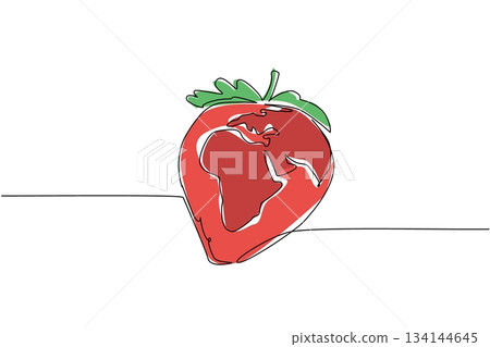 Unique single line drawing depicting a strawberry as planet Earth. A nature and health concept for World Food Safety Day, emphasizing global food security and well-being. Unique single line drawing depicting a strawberry as planet Earth. A nature and health concept for World Food Safety Day, emphasizing global food security and well-being. 134144645
