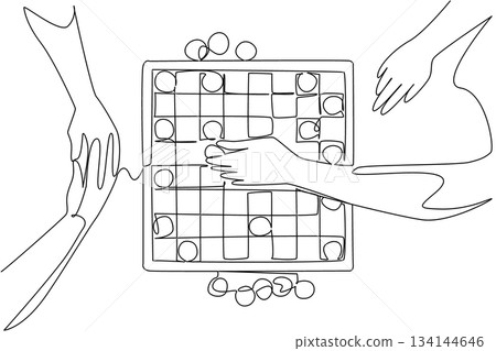 Single line drawing of multiple hands moving tokens on a tabletop board game, representing International Tabletop Day with a community, entertainment, and creativity concept. Single line drawing of multiple hands moving tokens on a tabletop board game, representing International Tabletop Day with a community, entertainment, and creativity concept. 134144646