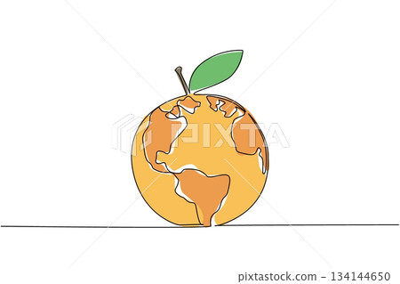 Cever continuous line drawing portraying an orange as planet Earth. A nature and health concept for World Food Safety Day, highlighting global food quality and healthy produce. 134144650