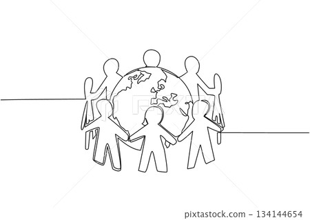 Single line drawing of people holding hands around globe, symbolizing World Caring Day, unity, compassion, and responsibility for global peace and sustainability concept. 134144654
