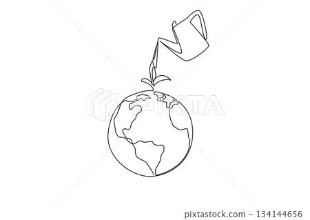 One line drawing of watering can nurturing sprout on Earth, symbolizing World Caring Day, emphasizing sustainability, growth, and care for future generations in eco concept. 134144656