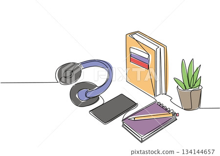 Single line drawing displays a desktop featuring headphones, books marked with the Russian flag, smartphone, notepad, pencil, and a plant, symbolizing digital learning and the educational environment Single line drawing displays a desktop featuring headphones, books marked with the Russian flag, smartphone, notepad, pencil, and a plant, symbolizing digital learning and the educational environment 134144657