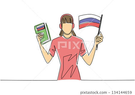 Single line drawing of a young girl wearing headphones and holding a Russian flag and book, symbolizing enthusiastic student participation in Russian language learning and international celebration Single line drawing of a young girl wearing headphones and holding a Russian flag and book, symbolizing enthusiastic student participation in Russian language learning and international celebration 134144659