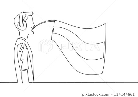 Single line drawing of a young male interpreter wearing headphones and translating Russian, symbolizing language translation and global collaboration for Russian Language Day at an international event 134144661