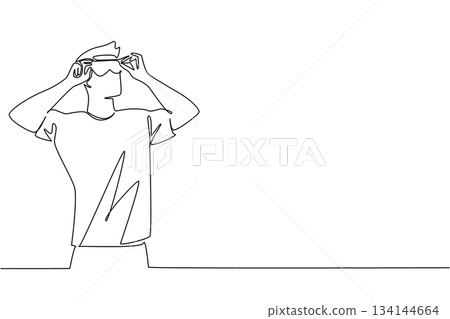 One line drawing of man wearing fashionable sunglasses, highlighting eye health awareness and the importance of UV protection and individuality for National Eyewear Day in a global style and wellness One line drawing of man wearing fashionable sunglasses, highlighting eye health awareness and the importance of UV protection and individuality for National Eyewear Day in a global style and wellness 134144664
