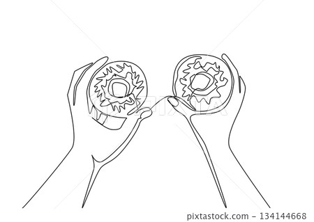 Single line drawing of two hands clinking donuts together like a toast, symbolizing sharing and joy. Food concept with an international event theme, National Donut Day. Single line drawing of two hands clinking donuts together like a toast, symbolizing sharing and joy. Food concept with an international event theme, National Donut Day. 134144668