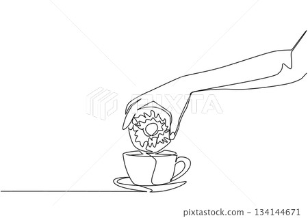Continuous line drawing of a hand dipping a donut into a cup of coffee, showing comfort and enjoyment. Food concept tied to an international event, National Donut Day. 134144671