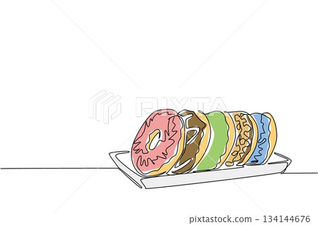 Vibrant single line drawing illustration of a row of assorted donuts stacked on a white tray. Strawberry, bubble gum, blueberry, matcha. indulgence and joy of National Donut Day celebration theme. 134144676