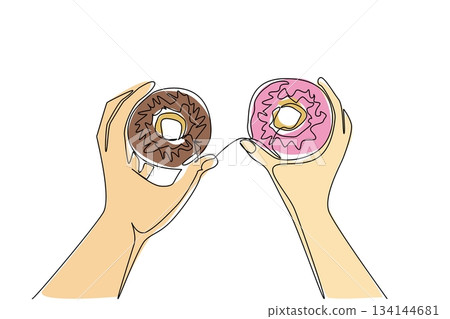 Playful continuous line drawing of man holding two donuts in hands, symbolizing fun, joy, and lifestyle sweetness in a creative and food concept for National Donut Day celebration. 134144681