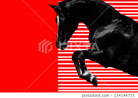 紅色背景上的馬匹插圖——可用於廣告和新年賀卡 紅色背景上的馬匹插圖——可用於廣告和新年賀卡 134144755