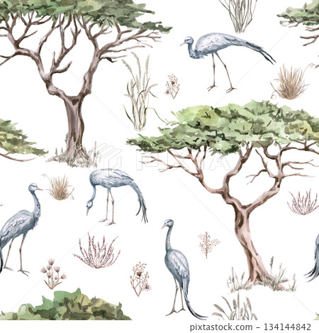 A seamless pattern with grey African cranes among trees and grasses. A watercolor illustration of the African savannah for eco-projects, posters, hotel designs, and nature reserve websites. A seamless pattern with grey African cranes among trees and grasses. A watercolor illustration of the African savannah for eco-projects, posters, hotel designs, and nature reserve websites. 134144842