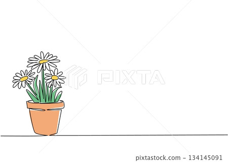 Charming daisies in terracotta pot with green leaves, designed in continuous line drawing style. This nature concept conveys National Upsy Daisy Day with joyful floral beauty and positive vibes. 134145091
