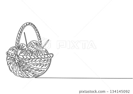 Charming continuous line drawing of a woven basket filled with yarn balls and knitting needles, celebrating Worldwide Knit in Public Day, symbolizing craft, creativity, and shared tradition. 134145092