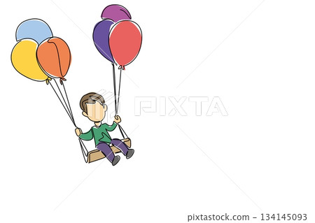 Boy sitting on a swing lifted by balloons, illustrated in continuous line drawing style, symbolizing adventure and childhood imagination, designed for an adventure concept of National Kids Day. 134145093