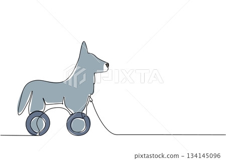 Single line drawing of a wooden wheeled wolf toy in minimalist style, showing clean outlines and flat details. The nature concept highlights the playful design of an animal toy. Single line drawing of a wooden wheeled wolf toy in minimalist style, showing clean outlines and flat details. The nature concept highlights the playful design of an animal toy. 134145096