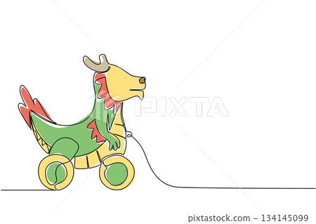 Vibrant dragon wooden wheeled toy illustrated in single line drawing style, combining fantasy and playfulness. Animal concept highlights imagination, childhood, and artistic creativity. Vibrant dragon wooden wheeled toy illustrated in single line drawing style, combining fantasy and playfulness. Animal concept highlights imagination, childhood, and artistic creativity. 134145099