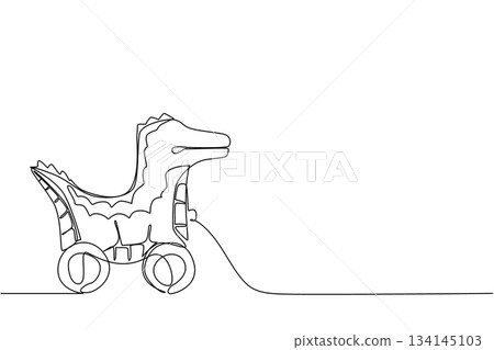 Continuous line drawing of a crocodile shaped wooden toy with wheels, created in one line drawing style. This design concept emphasizes playful childhood art, minimalism, and creative wooden objects. Continuous line drawing of a crocodile shaped wooden toy with wheels, created in one line drawing style. This design concept emphasizes playful childhood art, minimalism, and creative wooden objects. 134145103