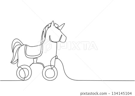 Single line drawing of a wooden unicorn toy on wheels, featuring its horn, flowing mane, and saddle. This minimalist design highlights fantasy charm, wooden creativity, and playful handcrafted art. 134145104