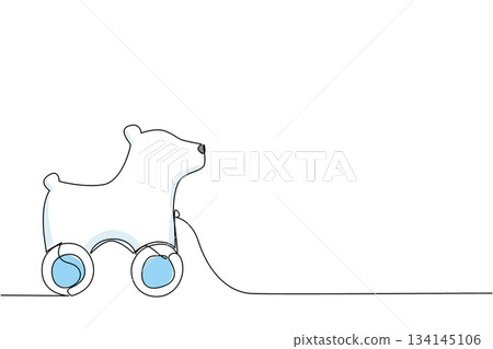 Simple one line drawing of a classic polar bear pull toy on wheels. A minimalist childhood concept representing traditional wooden toys, arctic animal themes, and imaginative playtime. Simple one line drawing of a classic polar bear pull toy on wheels. A minimalist childhood concept representing traditional wooden toys, arctic animal themes, and imaginative playtime. 134145106