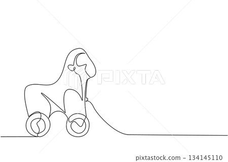 Playful single line drawing of a strong gorilla pull toy on wheels. A unique childhood concept design that embodies classic wooden toys, jungle animal themes, and fun for kids. 134145110