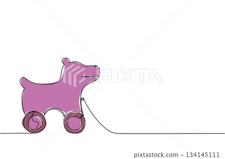 Delightful single line drawing of a friendly hippopotamus pull toy on wheels. A simple childhood concept that embodies the joy of classic wooden toys, imaginative safari play, and fun. 134145111
