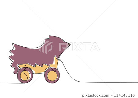 Cute continuous line drawing of a hedgehog pull toy on wheels. A whimsical childhood concept that illustrates the charm of traditional wooden animal toys for kids and toddlers' games. Cute continuous line drawing of a hedgehog pull toy on wheels. A whimsical childhood concept that illustrates the charm of traditional wooden animal toys for kids and toddlers' games. 134145116