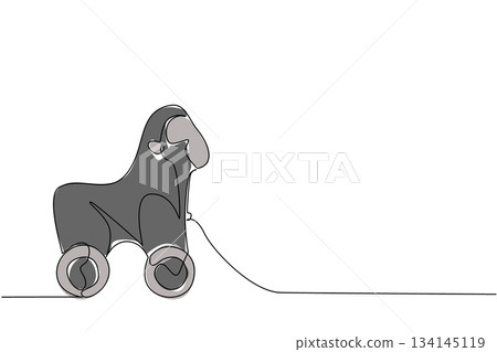 Bold gorilla wooden toy on wheels illustrated in one line drawing style, reflecting toy design concept and jungle animal-inspired art for kids, collectors, and unique minimalist illustration ideas. 134145119