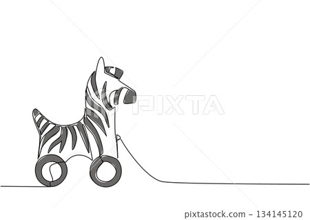 Stylish one line drawing of a zebra pull toy with classic stripes. A simple toy concept design representing childhood imagination, kindergarten games, and nostalgic wooden animal figures. Stylish one line drawing of a zebra pull toy with classic stripes. A simple toy concept design representing childhood imagination, kindergarten games, and nostalgic wooden animal figures. 134145120