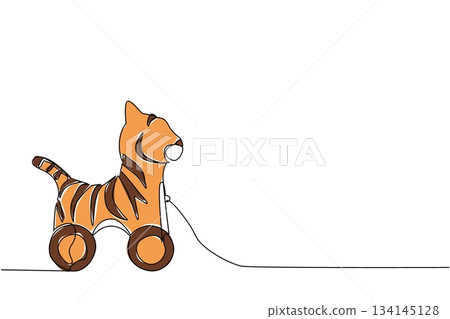 Vibrant continuous line drawing of a striped tiger pull toy on wheels. A fun childhood concept capturing the excitement of classic wooden animal toys and imaginative jungle adventures. Vibrant continuous line drawing of a striped tiger pull toy on wheels. A fun childhood concept capturing the excitement of classic wooden animal toys and imaginative jungle adventures. 134145128