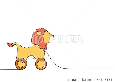 Playful continuous line drawing of a friendly lion pull toy on wheels. A cute childhood concept design that captures the joy of classic wooden toys, imagination, and fun for toddlers. Playful continuous line drawing of a friendly lion pull toy on wheels. A cute childhood concept design that captures the joy of classic wooden toys, imagination, and fun for toddlers. 134145131