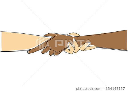 A continuous line drawing of two hands clasped together in different skin tones symbolizes unity, trust, and equality for Race Unity Day, promoting peace, solidarity, and mutual respect. 134145137
