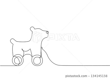 Simple one line drawing of a classic bear pull toy on wheels. A minimalist childhood concept representing traditional wooden toys, imaginative play, and nostalgic games for toddlers. 134145138