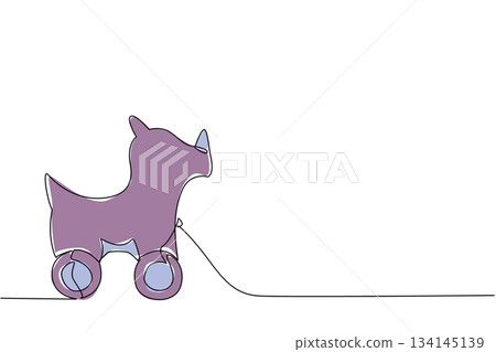 Charming single line drawing of a cute rhinoceros wooden pull toy. A minimalist childhood concept for kids' playtime, representing classic animal toys, fun, and simple entertainment. Charming single line drawing of a cute rhinoceros wooden pull toy. A minimalist childhood concept for kids' playtime, representing classic animal toys, fun, and simple entertainment. 134145139