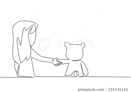 One line drawing showing a girl reaching out and holding hands with her teddy bear doll, created in a playful childhood concept to celebrate World Doll Day as an international holiday. 134145143