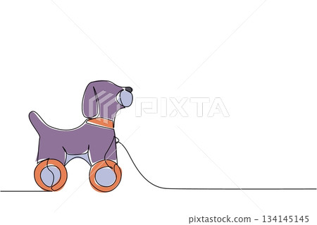 Continuous line drawing of a dog wooden pull toy on wheels, evoking delightful animal charm and interactive playtime, combining a classic playful object with child-friendly design for a cozy accent 134145145