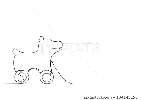 Single line drawing of a hippopotamus shaped wooden toy with wheels, created in minimalist style. This design concept highlights playful childhood objects, creativity, and wooden animal toys. Single line drawing of a hippopotamus shaped wooden toy with wheels, created in minimalist style. This design concept highlights playful childhood objects, creativity, and wooden animal toys. 134145153