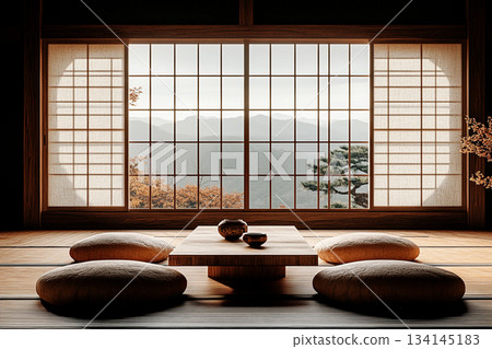 A serene Japanese minimalist interior featuring natural wood, clean lines, soft daylight, and a calm zen-inspired atmosphere. 134145183