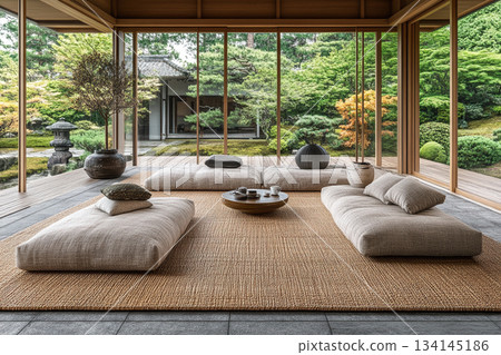 A serene Japanese minimalist interior featuring natural wood, clean lines, soft daylight, and a calm zen-inspired atmosphere. A serene Japanese minimalist interior featuring natural wood, clean lines, soft daylight, and a calm zen-inspired atmosphere. 134145186