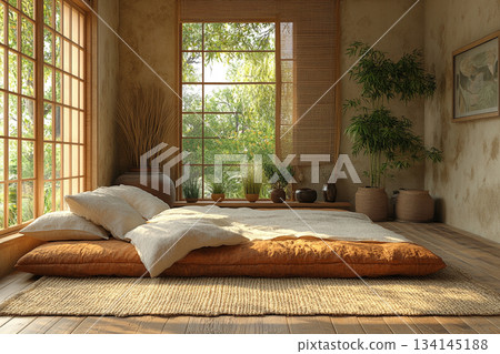 A serene Japanese minimalist interior featuring natural wood, clean lines, soft daylight, and a calm zen-inspired atmosphere. A serene Japanese minimalist interior featuring natural wood, clean lines, soft daylight, and a calm zen-inspired atmosphere. 134145188