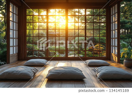 A serene Japanese minimalist interior featuring natural wood, clean lines, soft daylight, and a calm zen-inspired atmosphere. 134145189