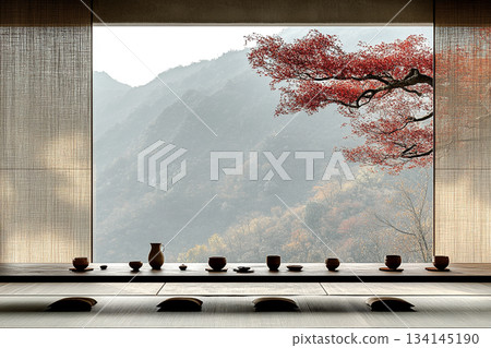 A serene Japanese minimalist interior featuring natural wood, clean lines, soft daylight, and a calm zen-inspired atmosphere. 134145190