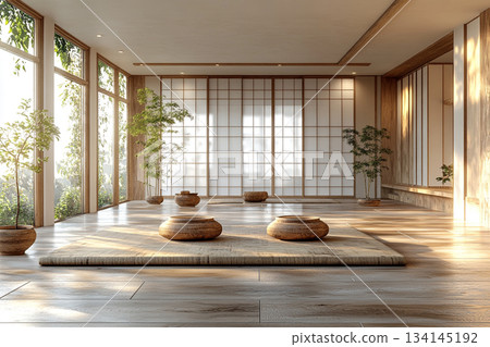 A serene Japanese minimalist interior featuring natural wood, clean lines, soft daylight, and a calm zen-inspired atmosphere. A serene Japanese minimalist interior featuring natural wood, clean lines, soft daylight, and a calm zen-inspired atmosphere. 134145192